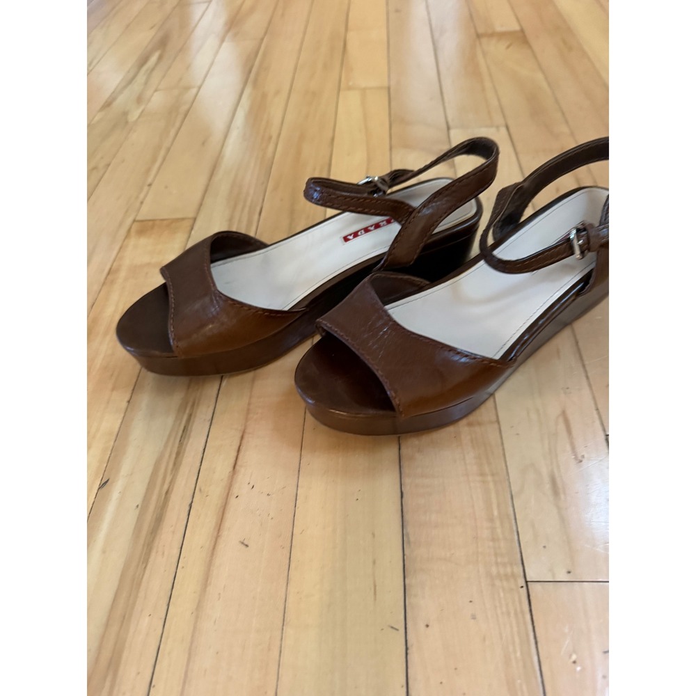 Vintage Prada Brown Leather Platform Wedge Sandals Ankle Strap Size 37.5
